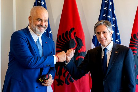 Secretary of State Antony J. Blinken participates in a 5G signing ceremony with Albanian Prime Minister Edi Rama in Brussels, Belgium, on June 13, 2021. [State Department photo by Ron Przysucha/ Publi