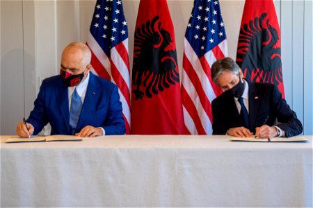Secretary of State Antony J. Blinken participates in a 5G signing ceremony with Albanian Prime Minister Edi Rama in Brussels, Belgium, on June 13, 2021. [State Department photo by Ron Przysucha/ Publi