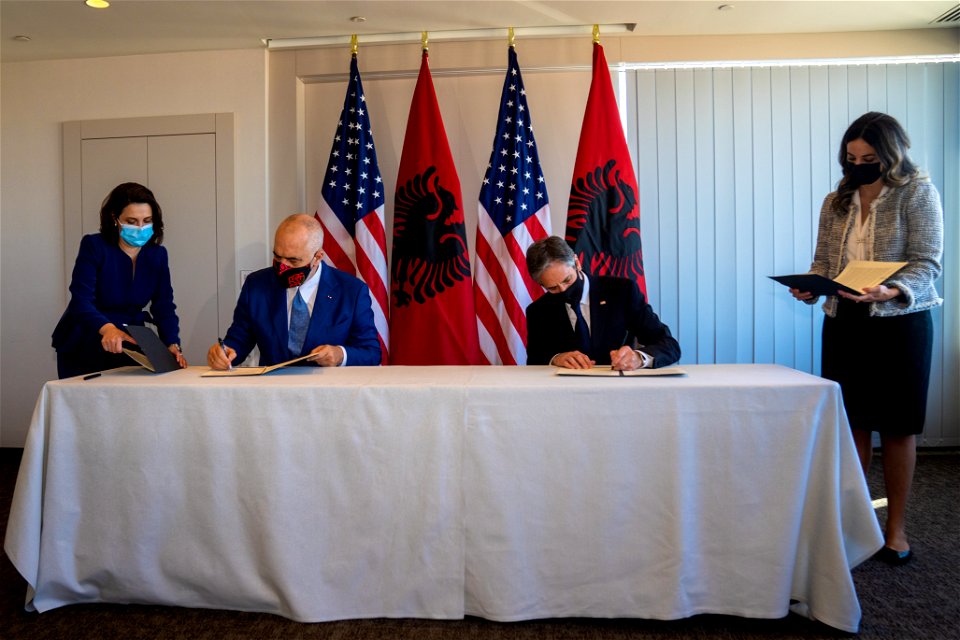 Secretary of State Antony J. Blinken participates in a 5G signing ceremony with Albanian Prime Minister Edi Rama in Brussels, Belgium, on June 13, 2021. [State Department photo by Ron Przysucha/ Publi