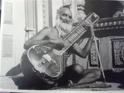 This is Swami Parvatikar ji Maharaj in Shri Badrinath Dham with his 'Brahm Veena', made by himself, and likely the only one still existing in the year 1975.