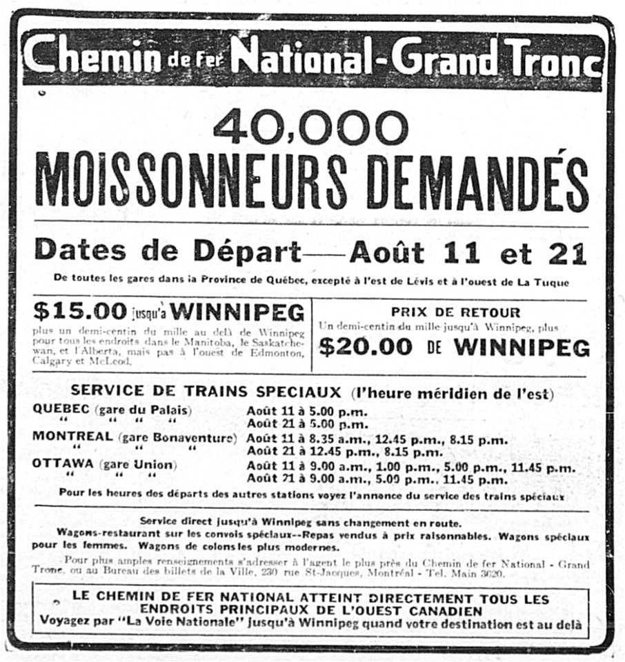 40 000 moissonneurs demandés - Chemin de fer National-Grand-Tronc