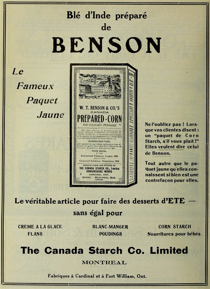 Blé d'inde préparé de Benson - The Canada Starch Co.