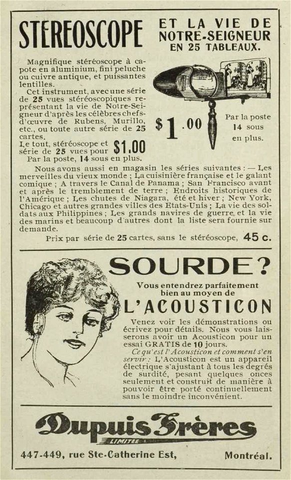 Stéréoscope et Acousticon - Dupuis Frères