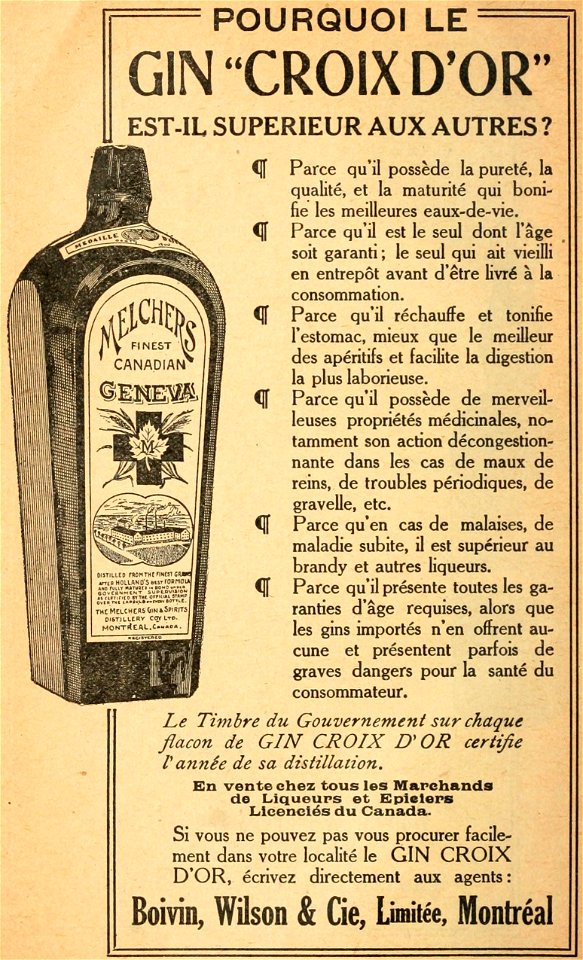 Gin Croix d'Or - Boivin, Wilson & Cie, Limitée