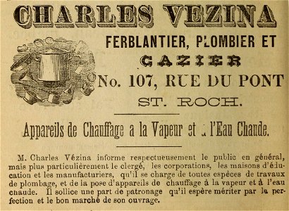 Charles Vézina, Ferblantier, plombier et gazier