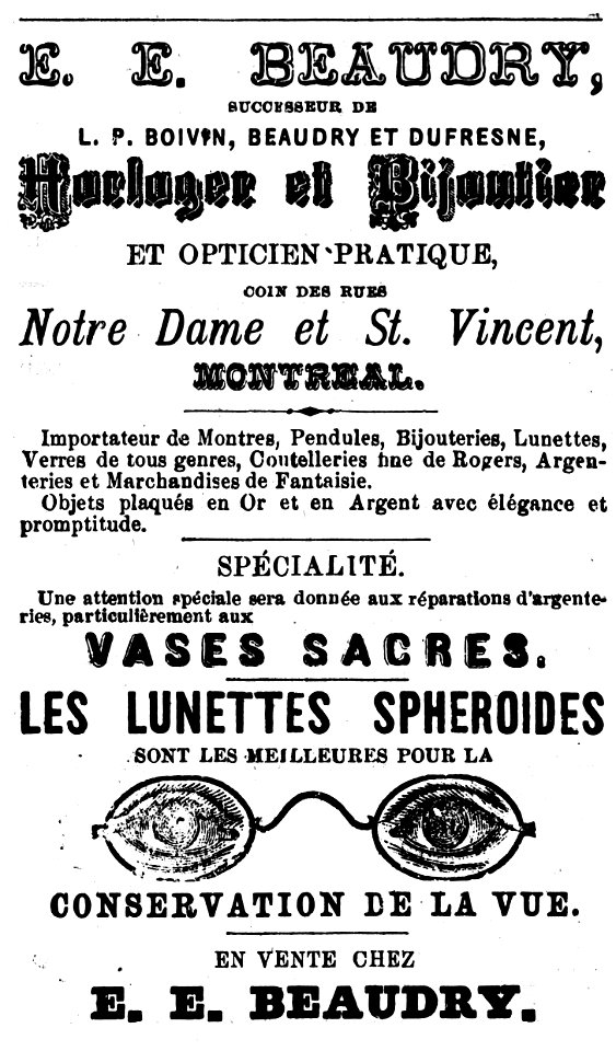 E. E. Beaudry, Horloger, bijoutier et opticien pratique