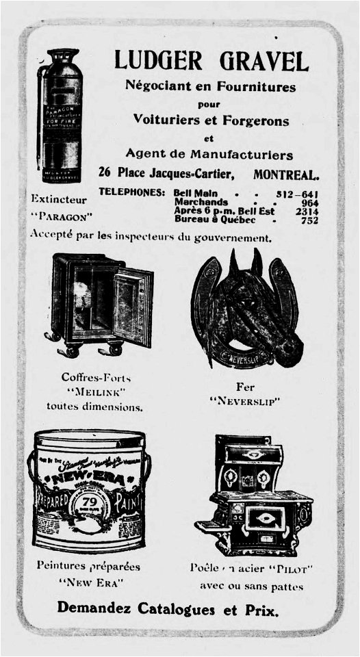 Ludger Gravel, négociant en fournitures pour voituriers et forgerons et agent de manufacturiers