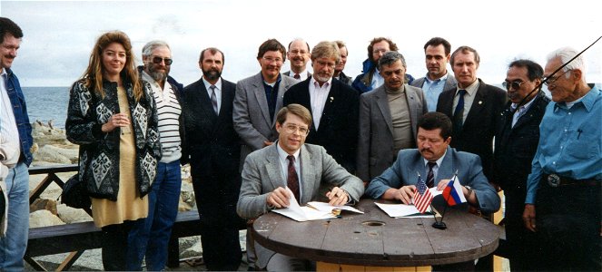 U.S. and Russian wildlife managers discuss polar bear management during a meeting in Nome, Alaska in the 1990s. Credit: USFWS photo