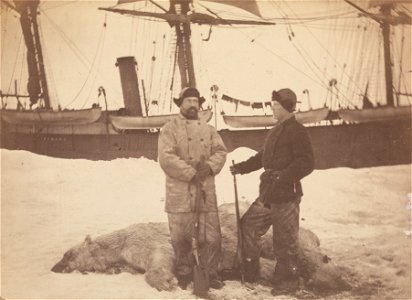 From the left, Captain Axel Krefting and Fridtjof Nansen next to two polar bears that have been shot. In the background, the seal hunting vessel «Viking» in the ice. This is one of the pictures from a photo
