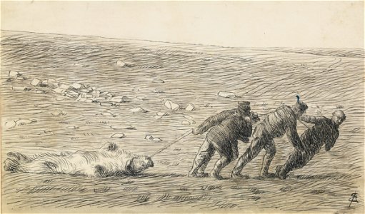 Pen and ink drawing. A polar bear that has been shot is dragged across the plain towards the «Fram». Based on a photo taken by FN. photo