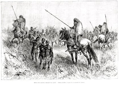Mossi cavalry of Boukary Koutou, also known as Wobgho, returning with captives from a raid, Ouagadougou, Burkina Faso, late 19th century. From "Du Niger au Golfe de Guinée par le pays de Kong et le Mo