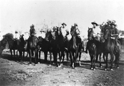 Riders gather for a dingo drive at Durella Station in Morven, ca. 1936 photo