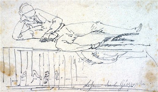 Self portrait of Charles-Alexandre Lesueur, sitting on a cage containing a bird in le Géographe.