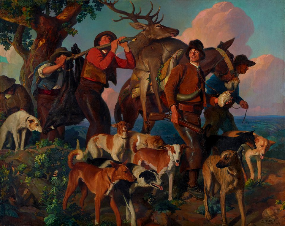 Retrieving the harvested animals after a "montería" in Sierra Morena, Southern Spain. An Iberian red deer and a wild boar can be seen. The retrievers (rehaleros) are wearing the traditional clothes of