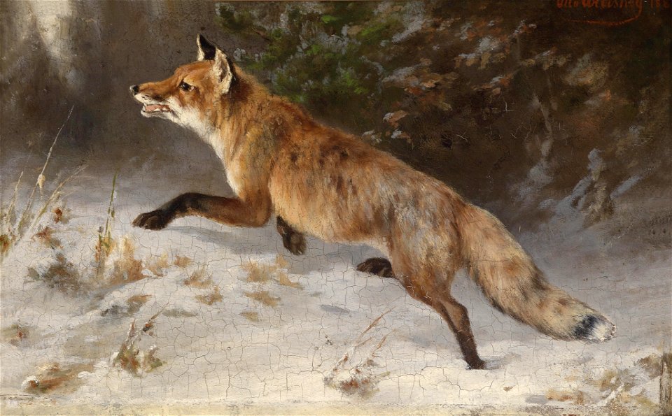 Fuchs im Winterwald, signiert, datiert Otto Grashey 188., Öl auf Holz, 14,5 x 23 cm