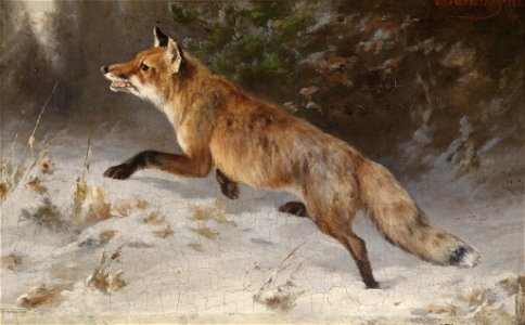 Fuchs im Winterwald, signiert, datiert Otto Grashey 188., Öl auf Holz, 14,5 x 23 cm
