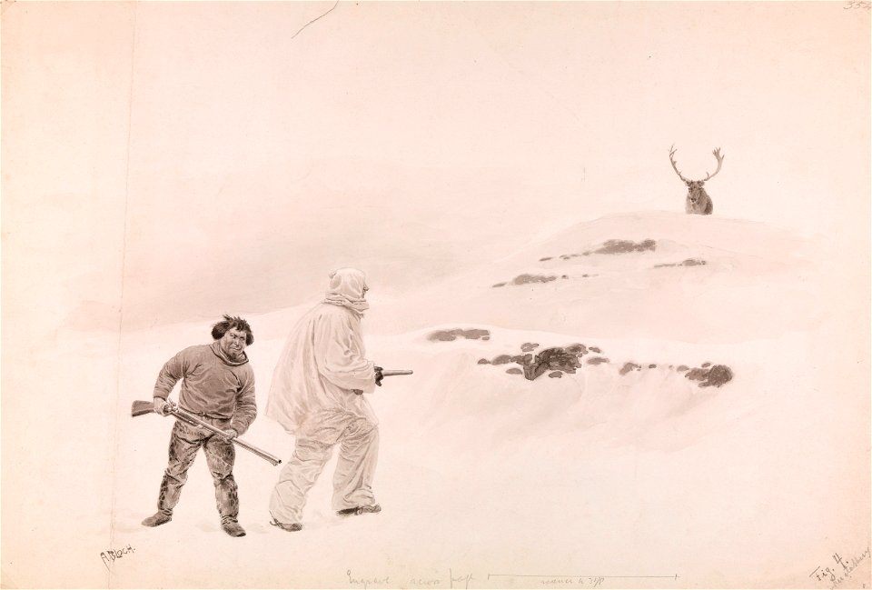 Water-color. An Inuit and Fridtjof Nansen hunting reindeer (caribou) on Greenland.