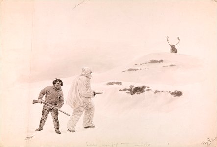 Water-color. An Inuit and Fridtjof Nansen hunting reindeer (caribou) on Greenland. photo