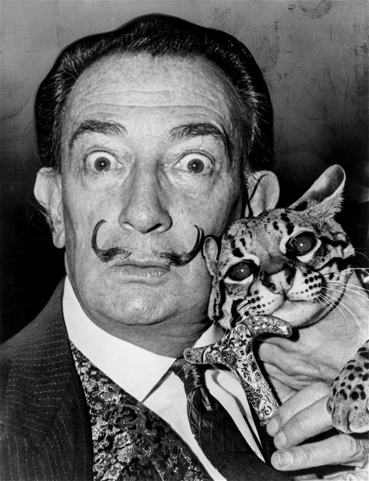 Salvador Dali with his pet ocelot, Babou, and cane.