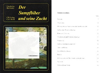 Friedhelm Biermann: Der Sumpfbiber und seine Zucht. Buchdeckel und Inhaltsverzeichnis.
Paperback, 14,5 x 21 cm, 64 Seiten
