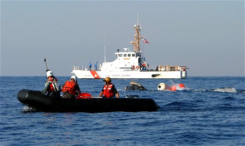 The Coast Guard Cutter KINGFISHER provides assistance to NOAA Fisheries and Florida Wildlife Commission members in an attempt to free an entangled Northern Right Whale 60 miles east of Jacksonville, F