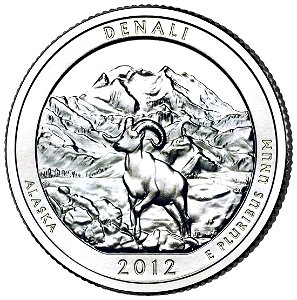 Reverse of 2010 "America the Beautiful" United States quarter dollar coin, depicting Denali National Park photo