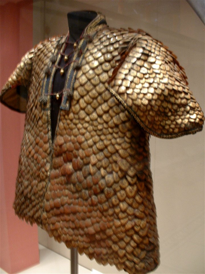 On display at the Royal Armouries, Leeds.
Photographed by Gaius Cornelius on 08-Jun-06.
Legend reads:

Scale coat

Indian, Rajasthan, early 19th century
This coat has been covered with the scales of t