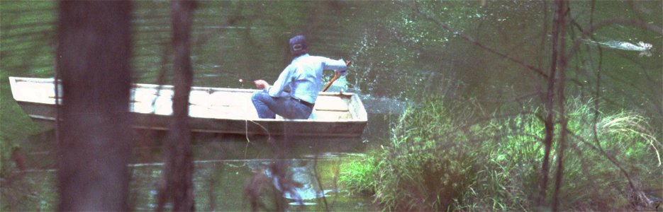 President of the United States Jimmy Carter in a boat in Plains, Georgia, chasing away a swamp rabbit (Sylvilagus aquaticus). This led to the "Jimmy Carter rabbit incident".