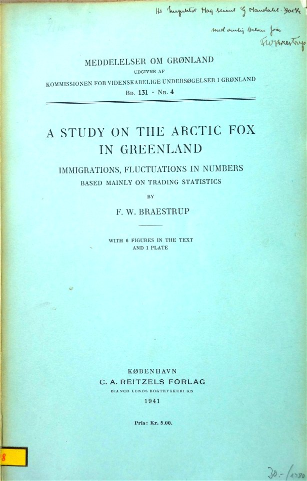 Book cover.
Immigrations, Fluctuations in Numbers. Based Mainly on Trading Statistics.
Meddelelser om Grønland. Udgivne af Kommissionen for videnskabelige undersøgelser i Grønland. Bd. 131, Nr. 4.
Køp
