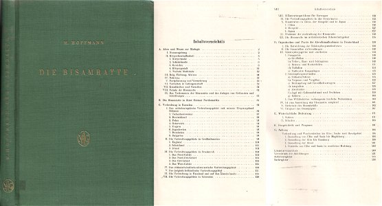 Max Hoffmann (Halle/Saale): Die Bisamratte. Ihre Lebensgewohnheiten, Verbreitung, Bekämpfung und wirtschaftliche Bedeutung. 1958. Buchrücken, Buchdeckel und Inhaltsverzeichnis.
Akademische Verlagsgese