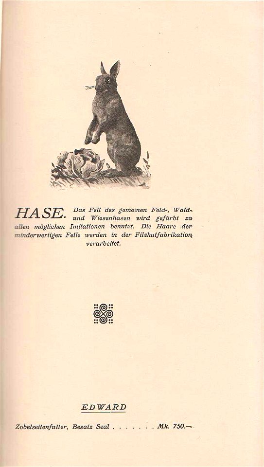 Rauchware (Pelze und Preise) 1910. Ohne Autorenangabe.
Vermutlich Katalog anlässlich einer Pelzmodenschau. Jede Seite eingeleitet mit der Beschreibung eines Pelztiers, dann Modellnamen und Preise.