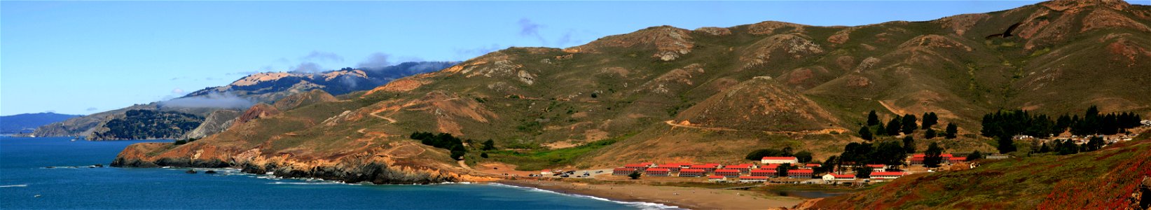 Fort Cronkhite and Rodeo Beach. The bird in the upper right corner is Turkey Vulture (Cathartes aura)