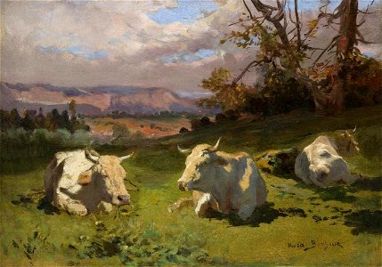 Cows Resting by Rosa Bonheur (1822 – 1899). A realist landscape painting of bulls lying on grass.