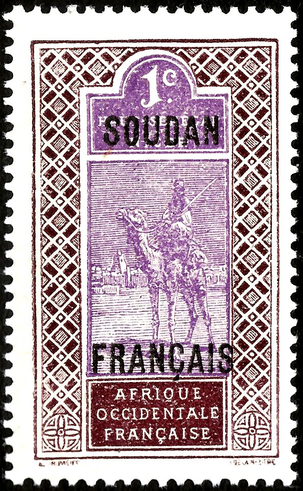 Stamp of the colony "French Soudan"; 1921; definitive stamp of the French colony "French West Africa - Haute Sénégal et Niger" from 1914 of the issue "Targui rider on dromedar"  with overprint of a ne