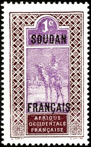 Stamp of the colony "French Soudan"; 1921; definitive stamp of the French colony "French West Africa - Haute Sénégal et Niger" from 1914 of the issue "Targui rider on dromedar"  with overprint of a ne