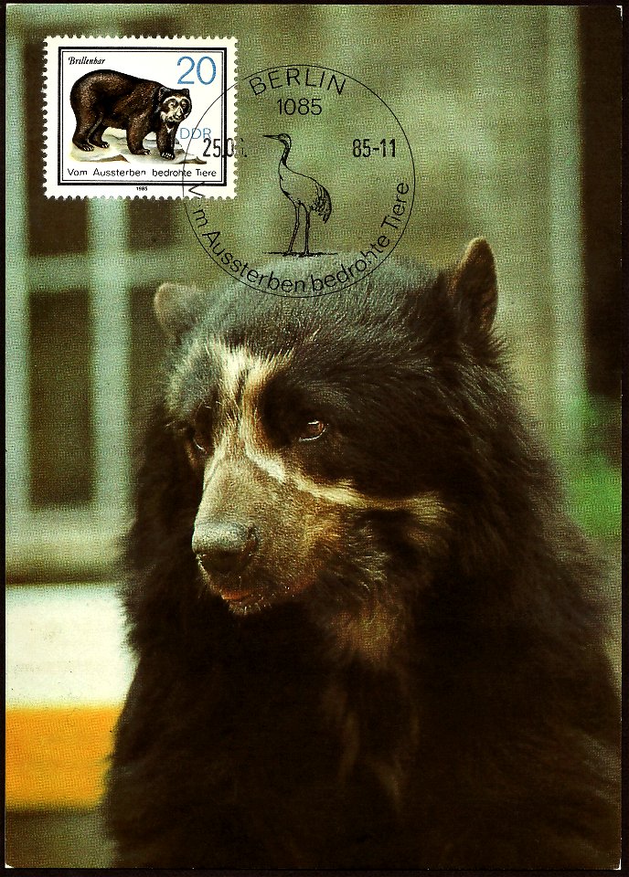 Maximum card of the German Democratic Republic; 1985; commemorative maxicard (= postcard + stamp + first issue day aand a special postmark to the same topic) to the series "Animals threatened with ext