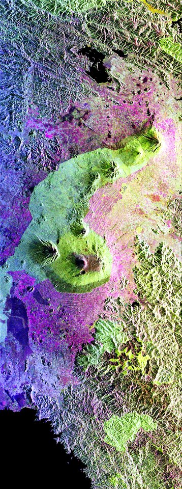 This is a false-color radar image of Central Africa, showing the Virunga Volcano chain along the borders of Rwanda, Zaire and Uganda. This area is home to the endangered mountain gorillas. 
This C-ban