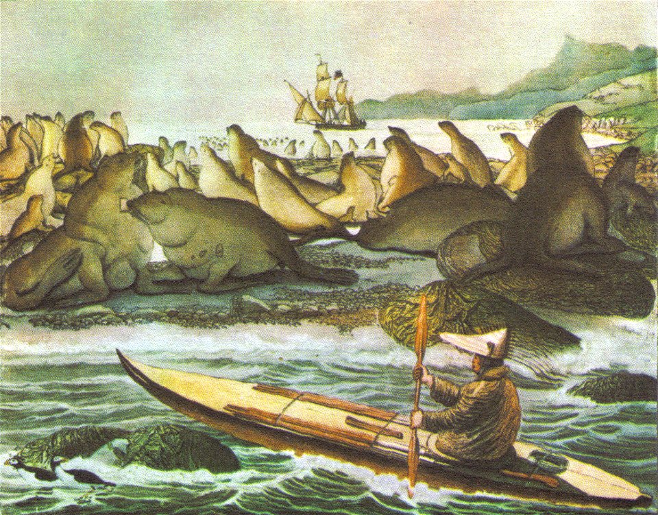 The russian "Rurik" sets anchor near Saint Paul Island in the Bering sea in order to load food and equipment for the expedition to the chukchi sea in the north. Drawing by Louis Choris in 1817.
