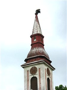 Stork nest on the steeple in Mladenovo, Serbia.