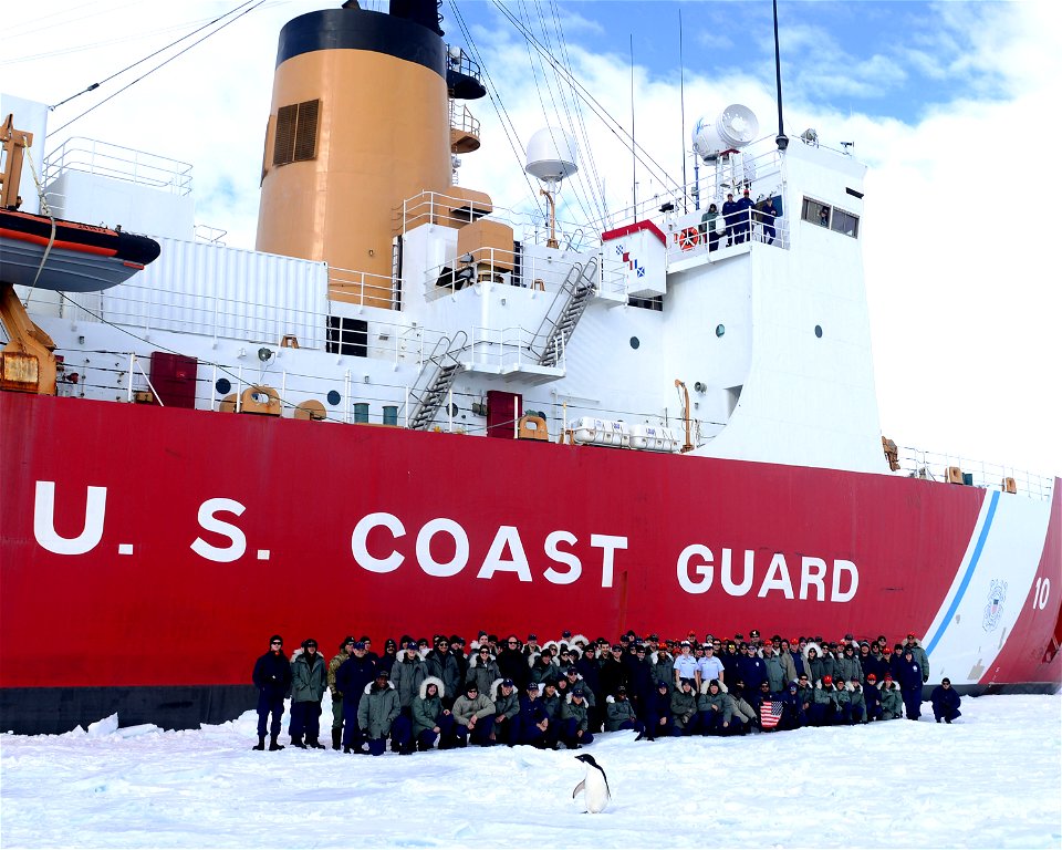 An Adelie penguin stands in front of the crew of the U.S. Coast Guard Cutter Polar Star beside the ship while hove-to in the ice in the Ross Sea near Antarctica, Jan. 31, 2015. Polar Star's crew is un