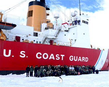 An Adelie penguin stands in front of the crew of the U.S. Coast Guard Cutter Polar Star beside the ship while hove-to in the ice in the Ross Sea near Antarctica, Jan. 31, 2015. Polar Star's crew is un photo