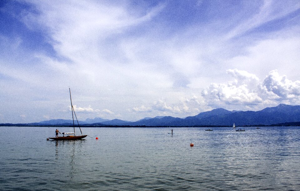 Boat mountains chiemsee lake