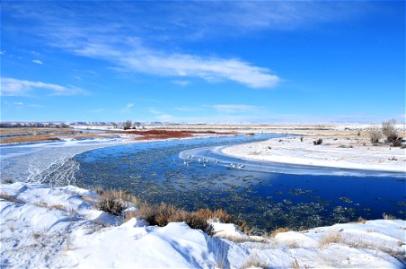 A portion of the Green River on Seedskadee NWR remains open during the winter. Releases from Fontenelle Dam above the Refuge help to maintain open water even in the coldest winters.  The open water, c
