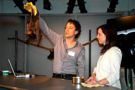 Rob Mies (Organization for Bat Conservation), a Malayan Flying Fox, and Ann Froschauer (USFWS) in dress rehearsal for the BatsLIVE! Distance Learning Adventure
www.batconservation.org/drupal/malayan-f
