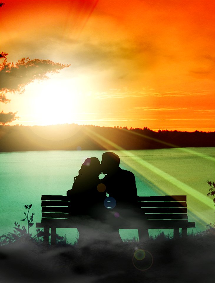 Couple Kiss Silhouette Sunset