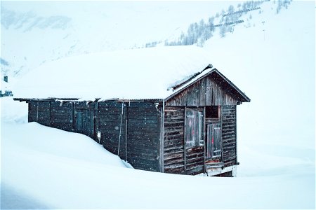 Snowy cabin photo