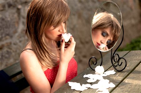 Woman Smell Rose Mirror photo