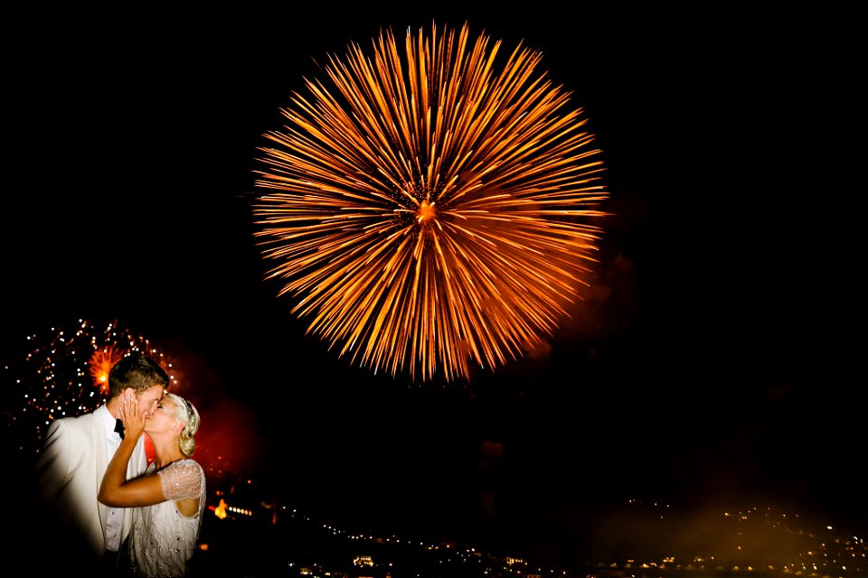 Bride Groom Kiss Fireworks