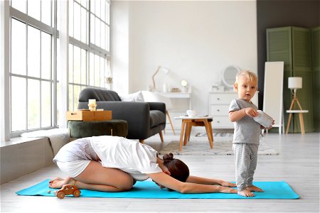 Mother Yoga Son Stretching photo