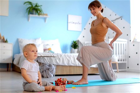 Mother Yoga Son Stretching photo